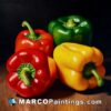 A painting of colorful bell peppers on a wooden board