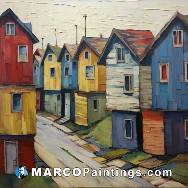 A painting of colourful houses in a street