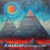 A painting of egyptian pyramids with the moon and sun behind them