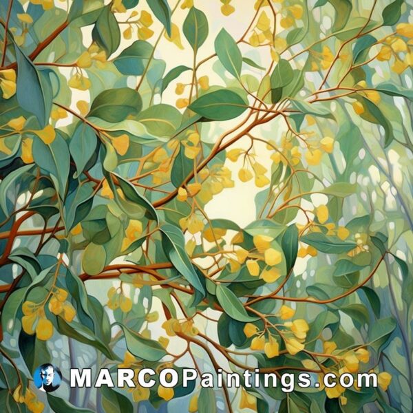 A painting of eucalyptus trees with yellow leaves