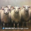 A painting of five sheep standing in a line