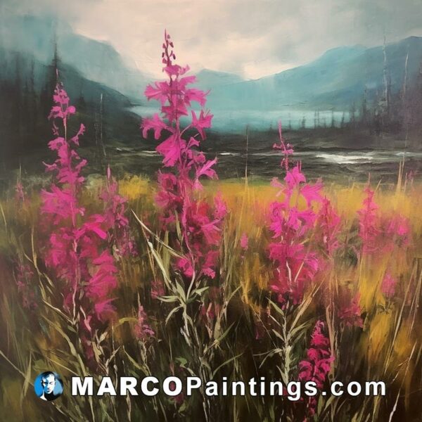 A painting of flowers in a field near mountain hills