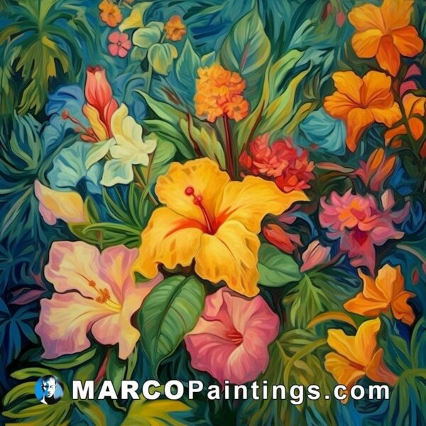 A painting of flowers in tropical colors