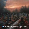 A painting of graveyard at sunset