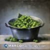 A painting of green peas in a silver pot