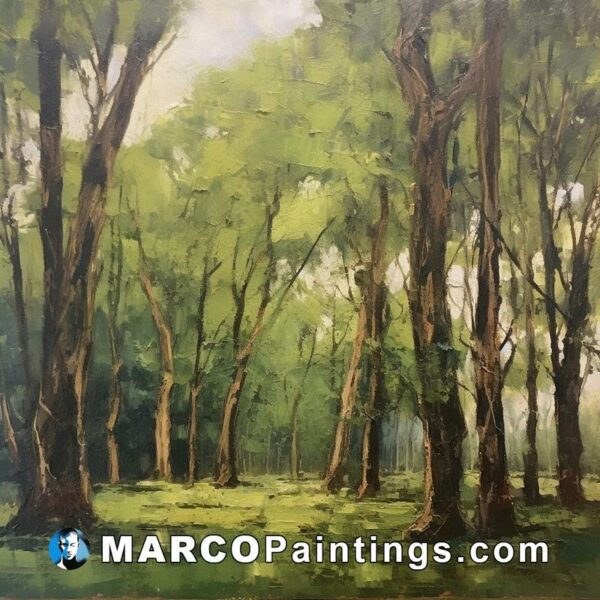 A painting of green trees in the middle of the forest