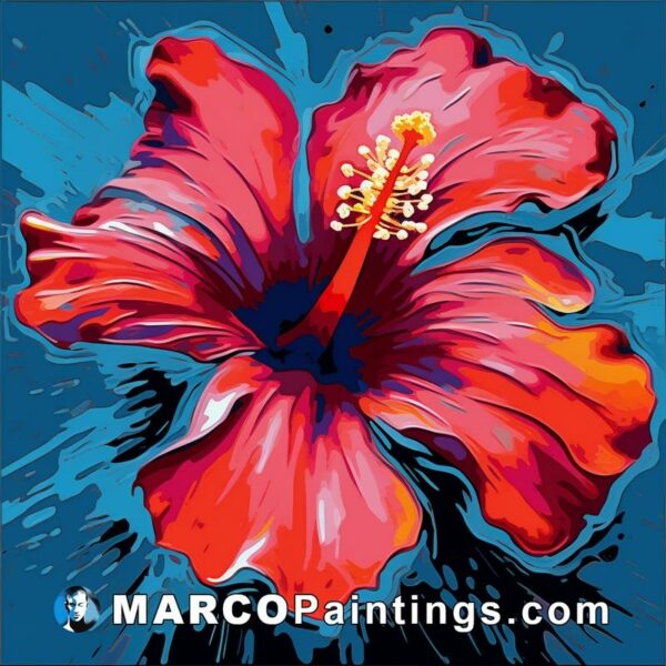 A painting of hibiscus flower on a blue background