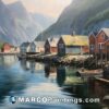 A painting of houses by water near mountains