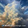 A painting of large clouds at a sky with sunlight