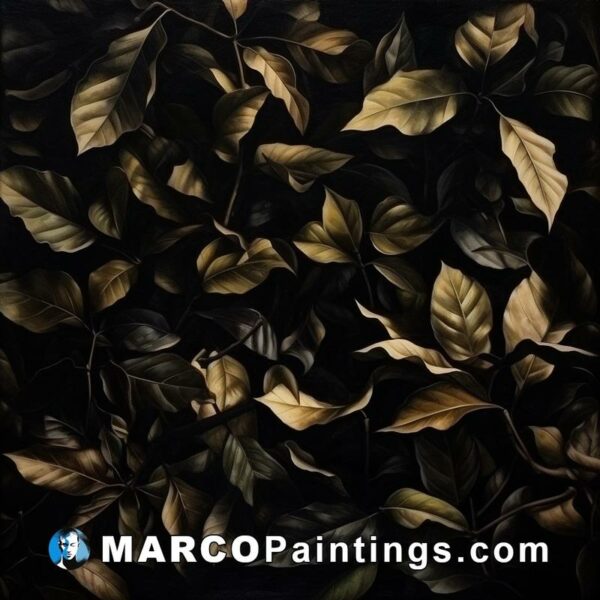 A painting of leaves on black and gold
