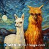 A painting of llamas standing in front of a moon