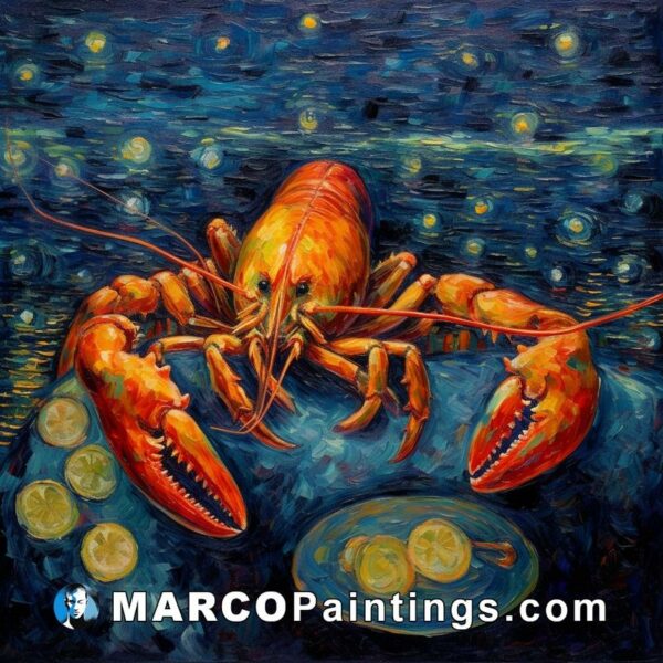 A painting of lobsters on a plate with coins
