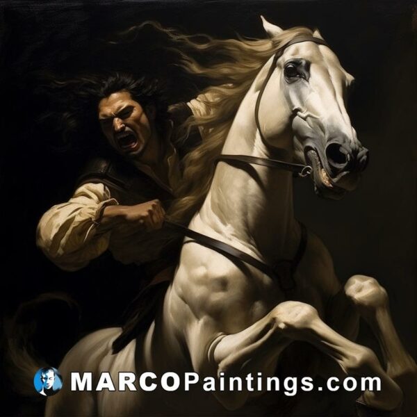 A painting of man riding a white horse