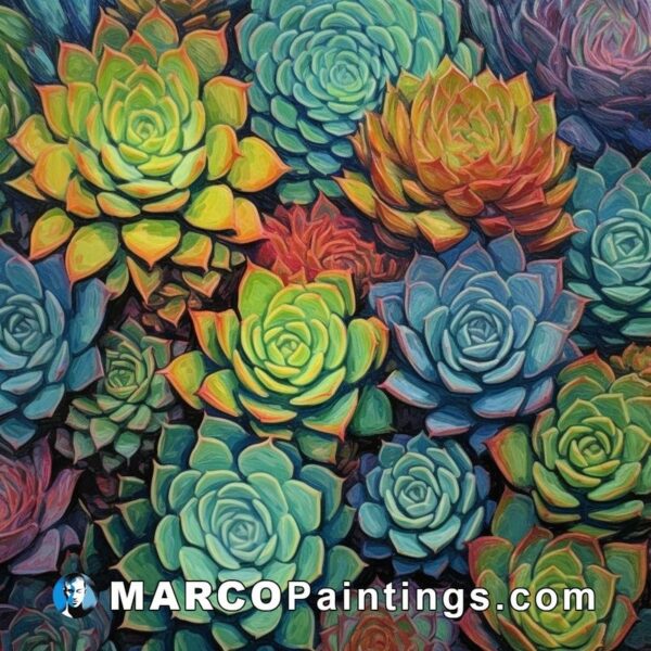 A painting of many colorful succulent leaves
