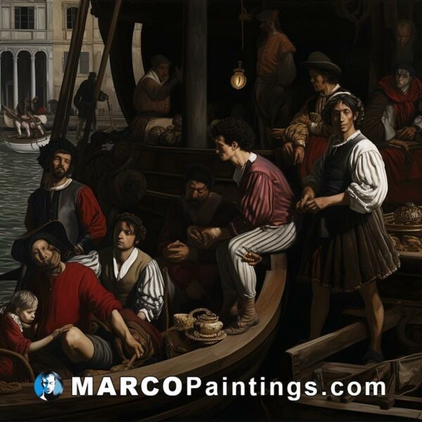 A painting of many men standing in an open boat