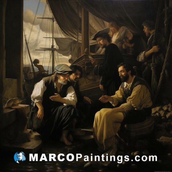 A painting of men and boats standing next to each other
