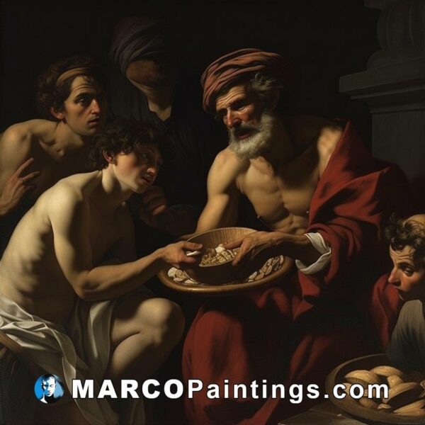 A painting of men feeding a man with food
