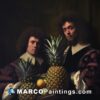 A painting of men holding pineapples