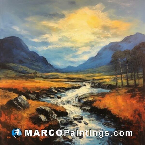 A painting of mountains and a stream in the area