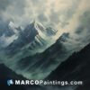 A painting of mountains covered with clouds