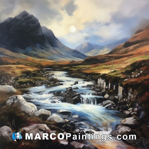 A painting of mountains with a stream flowing along