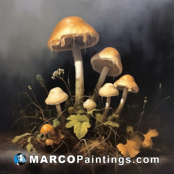 A painting of mushrooms on a dark background surrounded by leaves