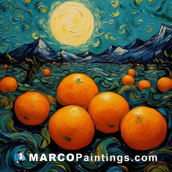 A painting of oranges under the moon