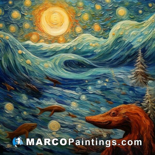 A painting of otters under the full moon and stars