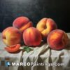 A painting of peaches on a table laid out