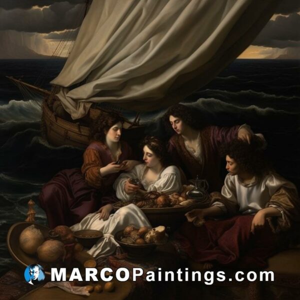 A painting of people eating at table on a boat