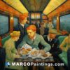 A painting of people eating dinner on a train