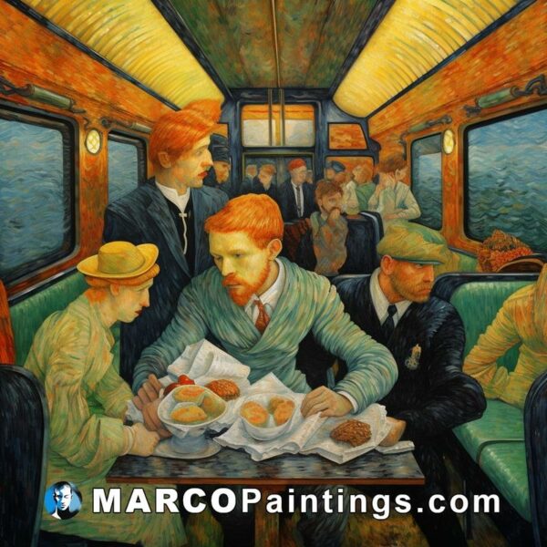 A painting of people eating dinner on a train