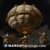 A painting of people in an hot air balloon