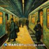 A painting of people in front of a subway train