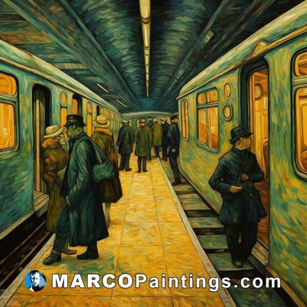 A painting of people in front of a subway train