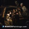 A painting of people inside a car