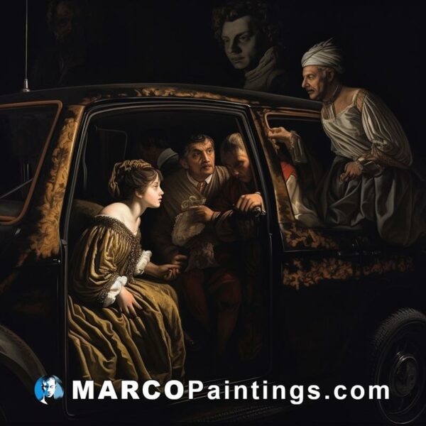 A painting of people inside a car