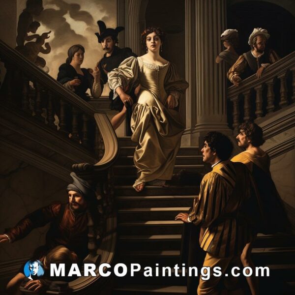 A painting of people on a staircase
