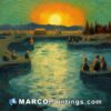 A painting of people on a waterway at sunset