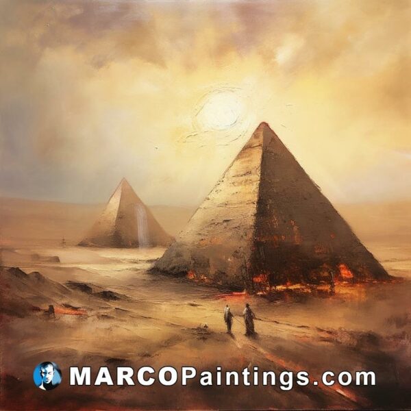 A painting of people walking towards the pyramids in the desert