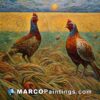 A painting of pheasants standing in the field with a sunset