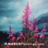 A painting of pink flowers in front of mountains