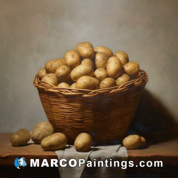 A painting of potatoes in a basket