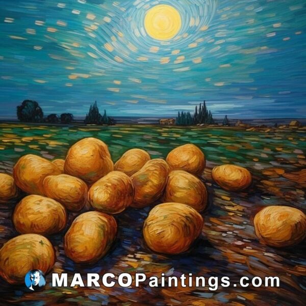 A painting of potatoes on a field under the moon