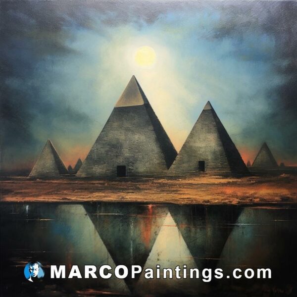 A painting of pyramids with a moon in the reflection