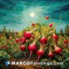 A painting of radishes growing in the field full moon behind