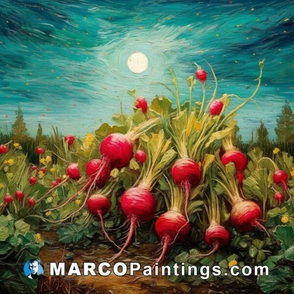 A painting of radishes growing in the field full moon behind