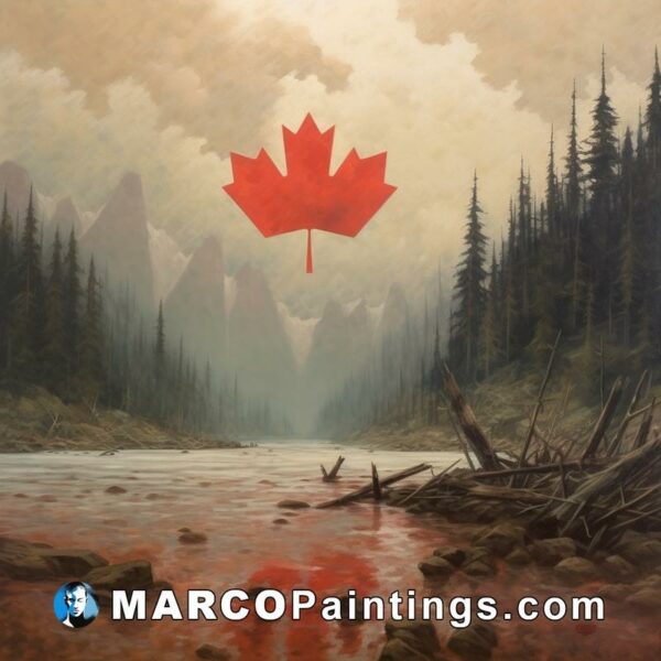 A painting of red canadian flag and rivers