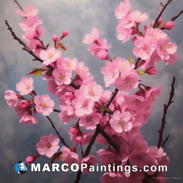 A painting of sakura blossoms near pink branches