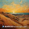 A painting of sand dunes and the sunset on a canvas